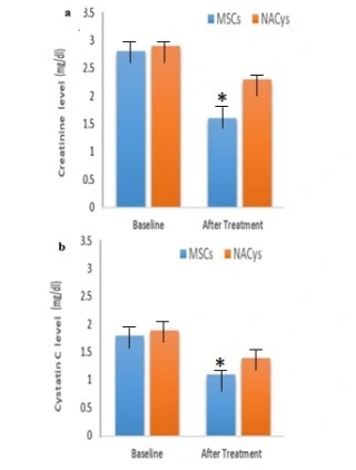 图3：中国CRF患者接受MSCs和NACys治疗后肌酐 (1a) 和胱抑素 C (1b) 的变化