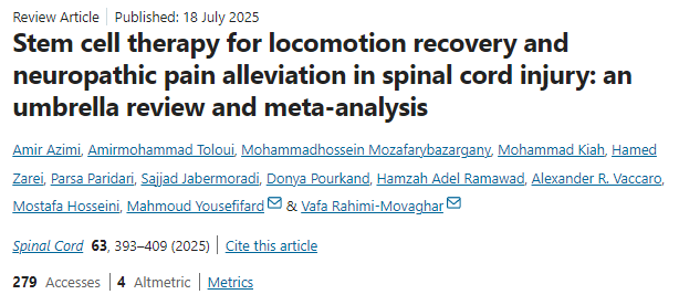 干细胞疗法对脊髓损伤运动功能恢复和神经性疼痛缓解的影响：综述和荟萃分析