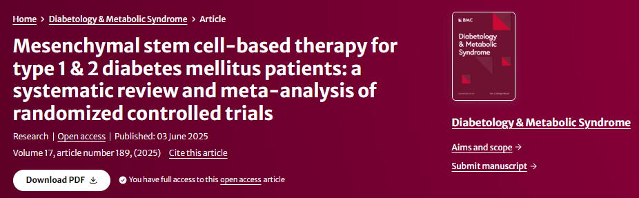 间充质干细胞治疗1型和2型糖尿病：随机对照试验的系统评价和荟萃分析