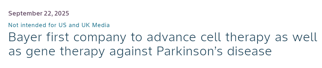 拜耳是首家推进帕金森病细胞疗法和基因疗法研发的公司