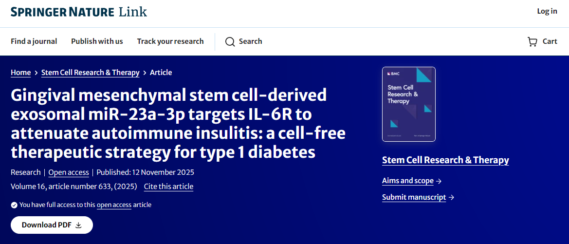 牙龈间充质干细胞来源的外泌体miR-23a-3p靶向IL-6R以减轻自身免疫性胰岛炎：一种治疗1型糖尿病的无细胞疗法