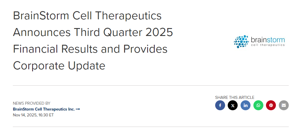 BrainStorm Cell Therapeutics 公布 2025 年第三季度财务业绩并提供公司最新动态