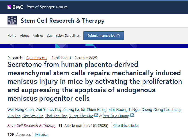 人胎盘间充质干细胞分泌组通过激活内源性半月板祖细胞的增殖并抑制其凋亡，修复小鼠机械性半月板损伤