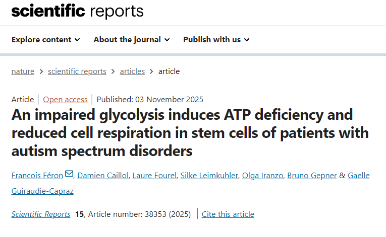 自闭症谱系障碍患者的干细胞中，糖酵解受损会导致ATP缺乏和细胞呼吸作用降低