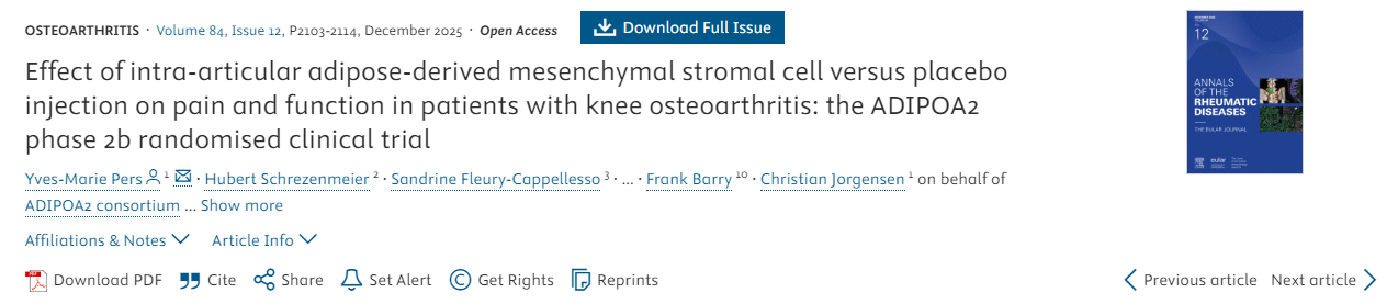 关节内注射脂肪来源间充质干细胞与安慰剂对膝骨关节炎患者疼痛和功能的影响：ADIPOA2 2b期随机临床试验