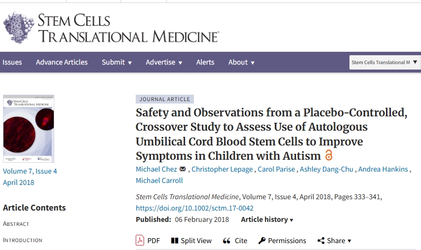 一项安慰剂对照交叉研究的安全性和观察结果，旨在评估使用自体脐带血干细胞改善自闭症儿童症状的效果