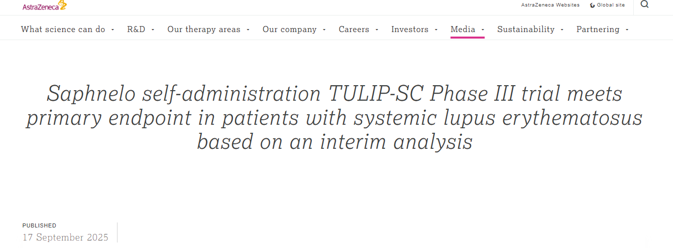 根据中期分析，Saphnelo 自我给药 TULIP-SC III 期试验在系统性红斑狼疮患者中达到主要终点。