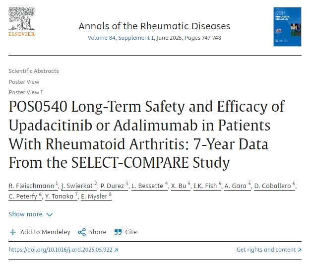 POS0540 Upadacitinib 或阿达木单抗对类风湿性关节炎患者的长期安全性和有效性：来自SELECT-COMPARE研究的7年数据
