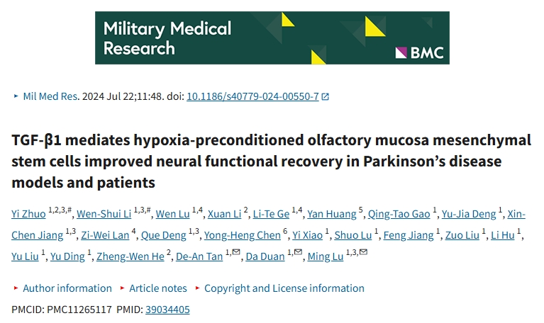 TGF-β1介导缺氧预处理的嗅黏膜间充质干细胞改善帕金森病模型和患者的神经功能恢复 TGF-β1介导缺氧预处理的嗅黏膜间充质干细胞改善帕金森病模型和患者的神经功能恢复