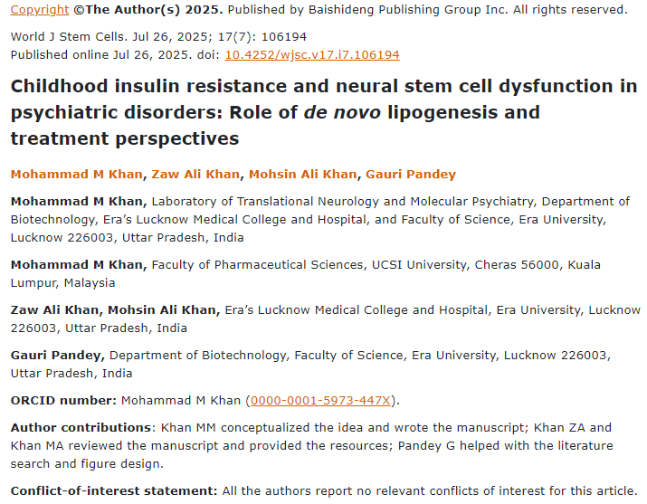 儿童胰岛素抵抗和神经干细胞功能障碍在精神疾病中的作用：从头脂肪生成和治疗前景