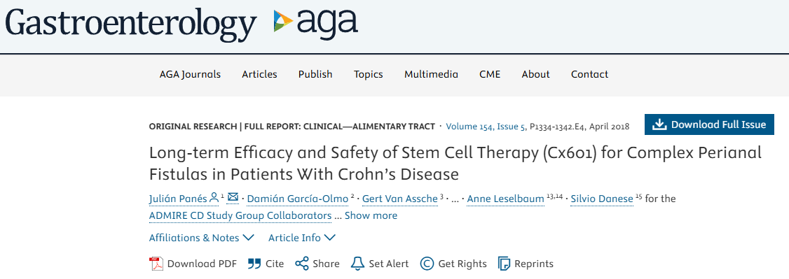 干细胞疗法(Cx601)治疗克罗恩病患者复杂性肛周瘘的长期疗效和安全性 干细胞疗法(Cx601)治疗克罗恩病患者复杂性肛周瘘的长期疗效和安全性