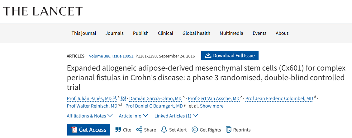 扩增同种异体脂肪间充质干细胞(Cx601)治疗克罗恩病复杂肛周瘘:一项3期随机双盲对照试验 扩增同种异体脂肪间充质干细胞(Cx601)治疗克罗恩病复杂肛周瘘:一项3期随机双盲对照试验