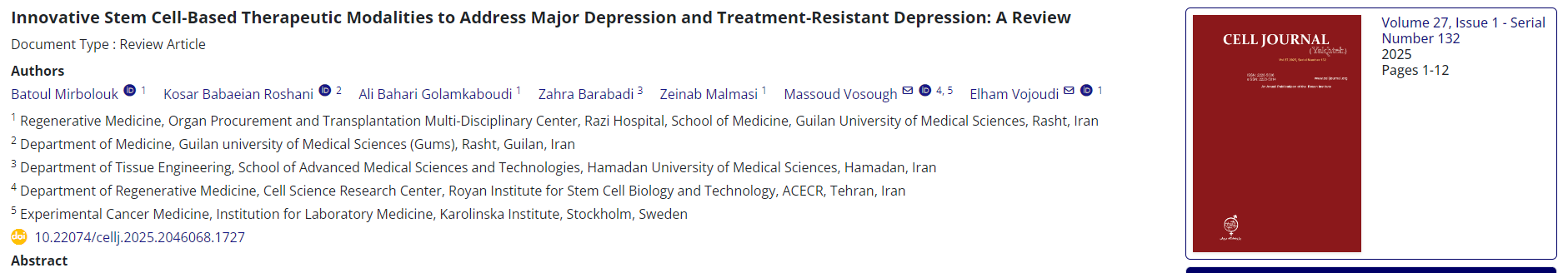 创新干细胞疗法治疗重度抑郁症和难治性抑郁症：综述