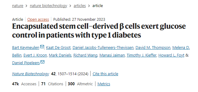封装的干细胞衍生的β细胞对1型糖尿病患者发挥血糖控制作用 封装的干细胞衍生的β细胞对1型糖尿病患者发挥血糖控制作用