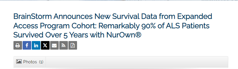 BrainStorm 公布扩展访问计划队列的最新生存数据：90% 的 ALS 患者使用 NurOwn® 后存活超过 5 年