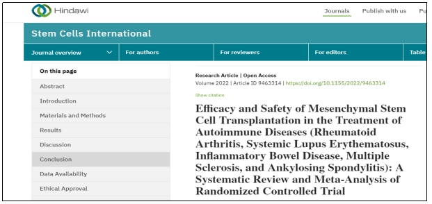 间充质干细胞移植治疗自身免疫性疾病（类风湿关节炎、系统性红斑狼疮、炎症性肠病、多发性硬化症和强直性脊柱炎）的疗效和安全性：随机对照试验的系统综述和荟萃分析