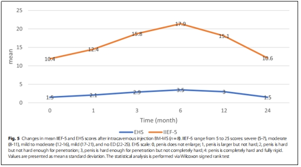 图5:阴茎海绵体内注射BM-MS后IIEF-5和EHS评分的变化 图5:阴茎海绵体内注射BM-MS后IIEF-5和EHS评分的变化