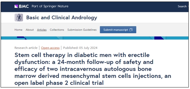 糖尿病男性勃起功能障碍的干细胞治疗:一项为期 24 个月的开放标签 2 期临床试验,随访两次海绵体内自体骨髓间充质干细胞注射的安全性和有效性 糖尿病男性勃起功能障碍的干细胞治疗:一项为期 24 个月的开放标签 2 期临床试验,随访两次海绵体内自体骨髓间充质干细胞注射的安全性和有效性