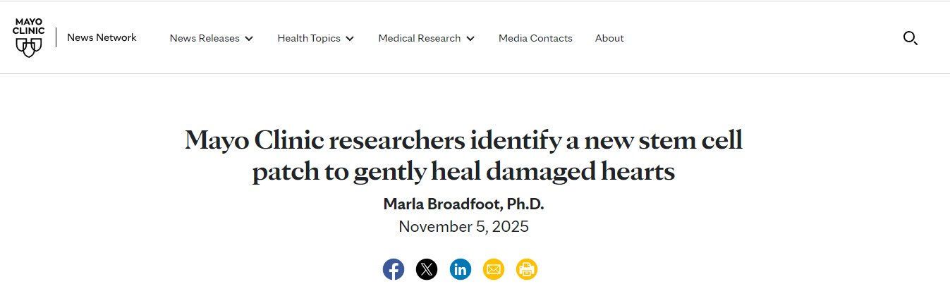 梅奥诊所的研究人员发明了一种新型干细胞贴片，可以温和地修复受损心脏