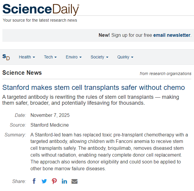 斯坦福大学使干细胞移植无需化疗更加安全