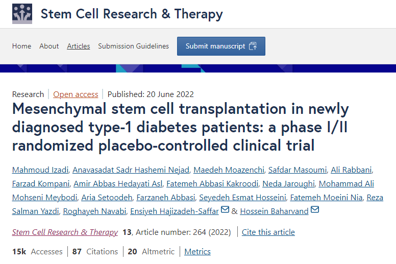 间充质干细胞移植治疗新诊断的1型糖尿病患者：一项I/II期随机安慰剂对照临床试验