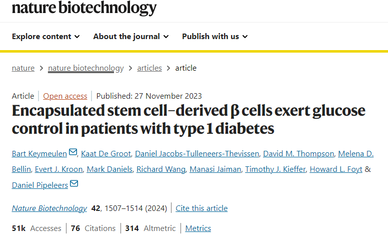 封装的干细胞衍生β细胞在1型糖尿病患者中发挥血糖控制作用