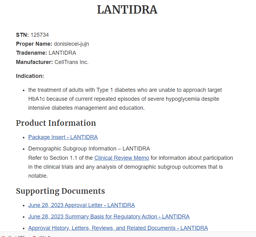 美国Food and Drug Administration（FDA）正式批准Lantidra用于成人1型糖尿病患者