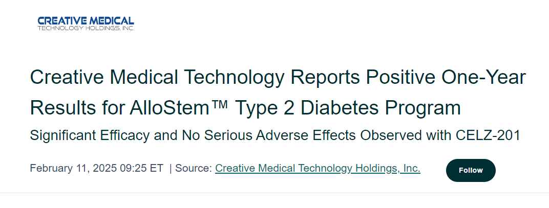 创新医疗技术公司报告AlloStem™ 2型糖尿病项目一年来取得积极成果
CELZ-201 疗效显著，未观察到严重不良反应