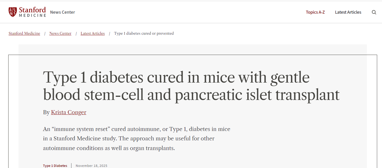 通过温和的血液干细胞和胰岛移植，小鼠的1型糖尿病得以治愈。