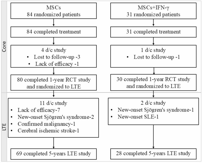 图1:患者处置。IFN-γ,干扰素γ;LTE,长期扩展;MSCs,间充质干细胞;RCT,随机对照临床试验;SLE,系统性红斑狼疮 图1:患者处置。IFN-γ,干扰素γ;LTE,长期扩展;MSCs,间充质干细胞;RCT,随机对照临床试验;SLE,系统性红斑狼疮