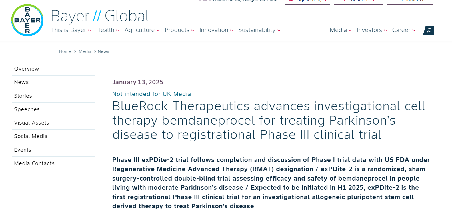 BlueRockTherapeutics推进其在研细胞疗法bemdaneprocel用于治疗帕金森病进入注册川期临床试验阶段 BlueRockTherapeutics推进其在研细胞疗法bemdaneprocel用于治疗帕金森病进入注册川期临床试验阶段