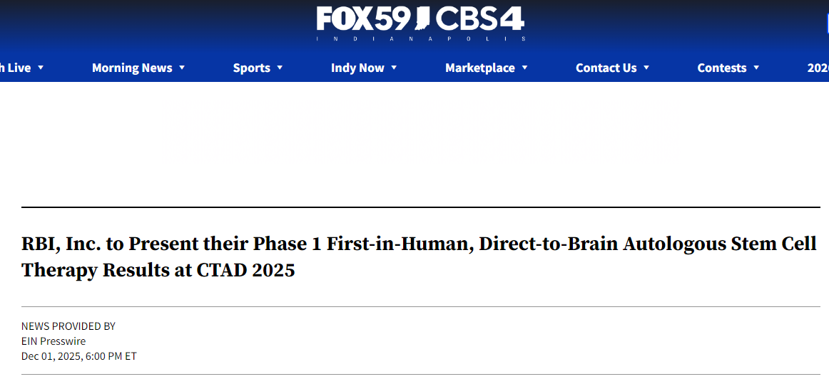 RBI公司将在2025年CTAD大会上公布其首次人体自体干细胞直接靶向脑部的I期临床试验结果。