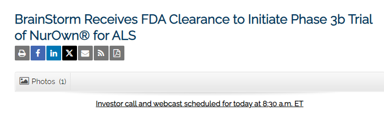 BrainStorm公司获得FDA批准，启动NurOwn®治疗ALS的3b期临床试验