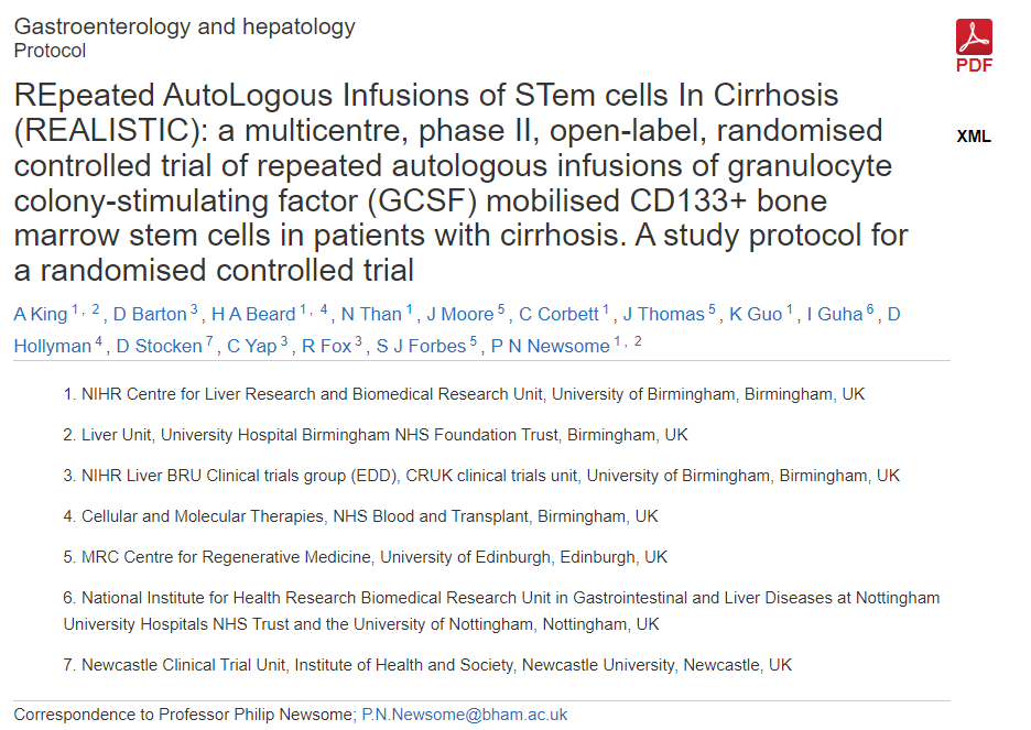 REALISTIC(重复自体干细胞输注治疗肝硬化):一项多中心、II期、开放标签、随机对照试验 REALISTIC(重复自体干细胞输注治疗肝硬化):一项多中心、II期、开放标签、随机对照试验