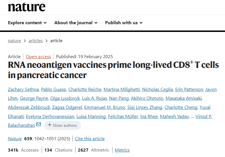 RNA新抗原疫苗可激活胰腺癌中的长寿命CD8 + T细胞
