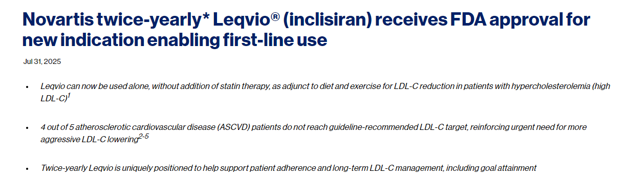 诺华公司每半年*推出的 Leqvio®（inclisiran）获得 FDA 批准，用于新的适应症，使其成为一线治疗药物。