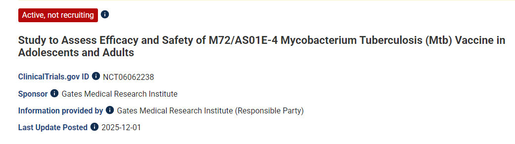 评估M72/AS01E-4结核分枝杆菌（Mtb）疫苗在青少年和成人中的有效性和安全性的研究