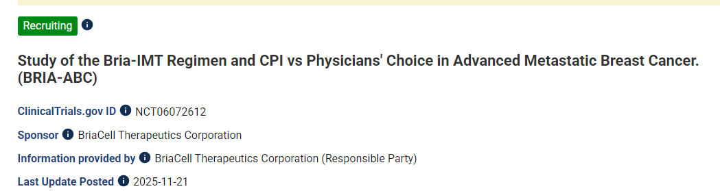 晚期转移性乳腺癌患者接受 Bria-IMT 方案和 CPI 治疗与医生选择方案的比较研究 (BRIA-ABC)