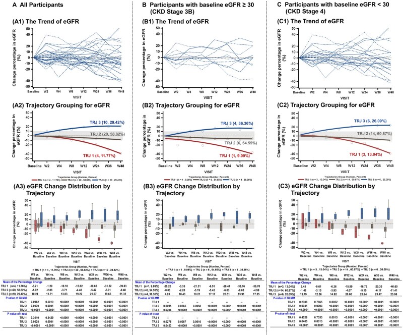 图1:所有参与者以及基线eGFR≥30和<30的参与者的eGFR变化百分比。图A显示所有参与者的数据,图B显示基线eGFR≥30的参与者的数据,图C显示基线eGFR<30的参与者的数据 图1:所有参与者以及基线eGFR≥30和<30的参与者的eGFR变化百分比。图A显示所有参与者的数据,图B显示基线eGFR≥30的参与者的数据,图C显示基线eGFR<30的参与者的数据