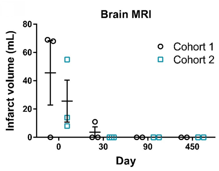 图3:脑部MRI梗死体积测量。代表性MRI图像显示了患者从筛查到第450天的脑梗死体积。图中显示了患者在筛查(第0天)、治疗后(第30天和第90天)以及随访(第450天)时的梗死体积。 图3:脑部MRI梗死体积测量。代表性MRI图像显示了患者从筛查到第450天的脑梗死体积。图中显示了患者在筛查(第0天)、治疗后(第30天和第90天)以及随访(第450天)时的梗死体积。