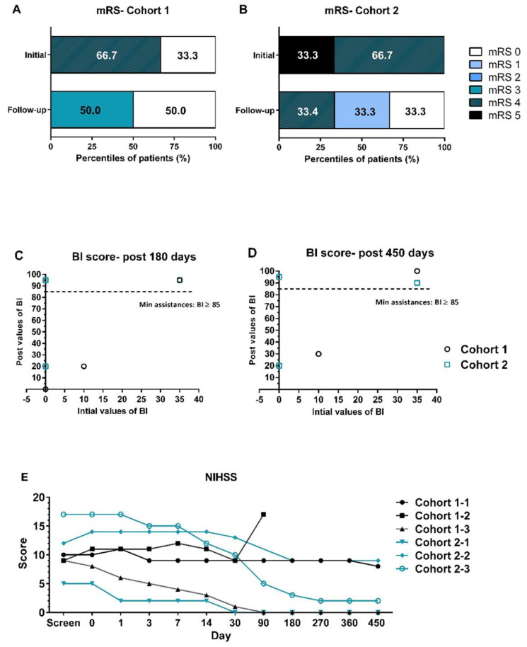 图2:采用改良Rankin量表(mRS)、美国国立卫生研究院卒中量表(NIHSS)和Barthel指数(BI)进行临床功能评估。 (A, B) 队列1和队列2在基线和随访结束时的mRS评分分布。(C, D) 所有患者在初始筛选时的BI评分值与治疗后180天和450天的BI评分值进行比较。(E) 所有患者在整个试验期间的NIHSS评估。 图2:采用改良Rankin量表(mRS)、美国国立卫生研究院卒中量表(NIHSS)和Barthel指数(BI)进行临床功能评估。 (A, B) 队列1和队列2在基线和随访结束时的mRS评分分布。(C, D) 所有患者在初始筛选时的BI评分值与治疗后180天和450天的BI评分值进行比较。(E) 所有患者在整个试验期间的NIHSS评估。
