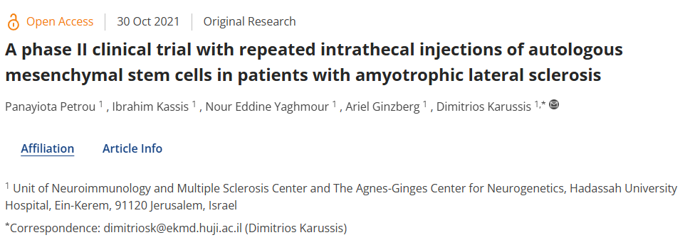 一项针对肌萎缩侧索硬化症患者的II期临床试验,采用自体间充质干细胞重复鞘内注射治疗 一项针对肌萎缩侧索硬化症患者的II期临床试验,采用自体间充质干细胞重复鞘内注射治疗