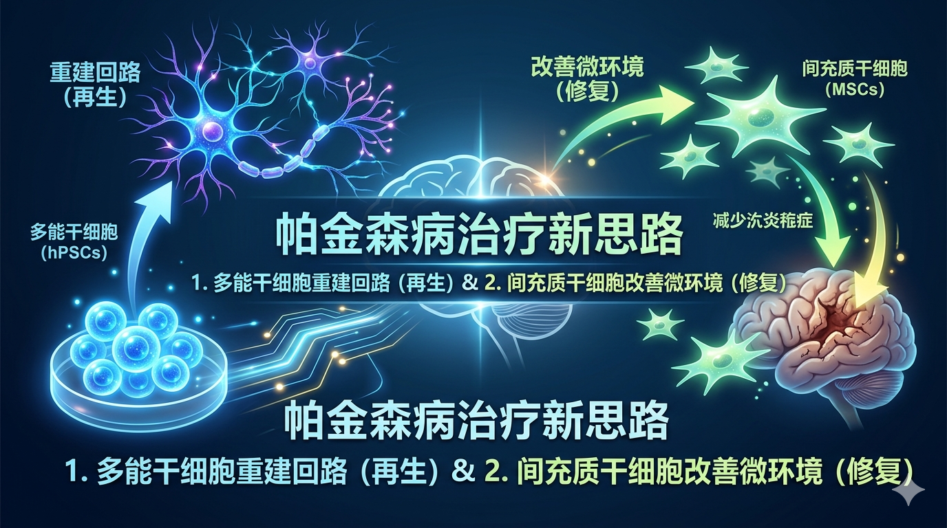 帕金森病治疗新思路：利用多能干细胞重建回路（再生），借力间充质干细胞改善微环境（修复）