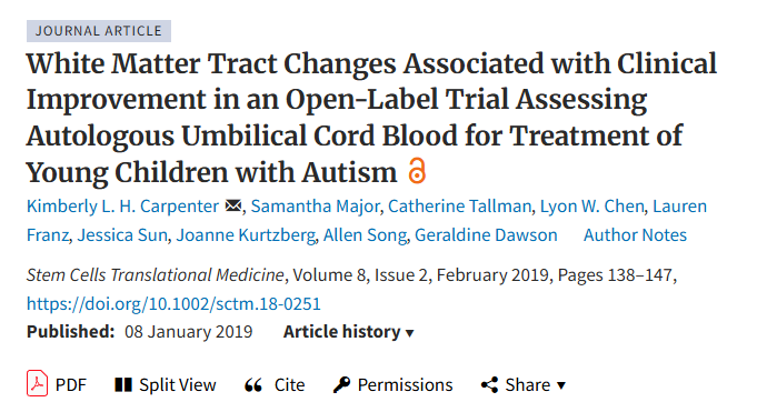 在一项评估自体脐带血治疗自闭症幼儿的开放标签试验中,白质束变化与临床改善相关 在一项评估自体脐带血治疗自闭症幼儿的开放标签试验中,白质束变化与临床改善相关