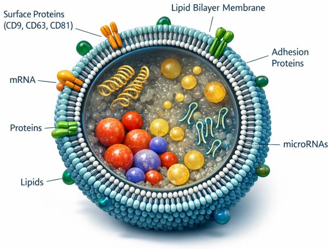 图2：外泌体的结构示意图。该图展示了脂质双层膜、表面蛋白（例如四跨膜蛋白CD9、CD63和CD81）以及内部货物，包括蛋白质、脂质、mRNA和microRNA。