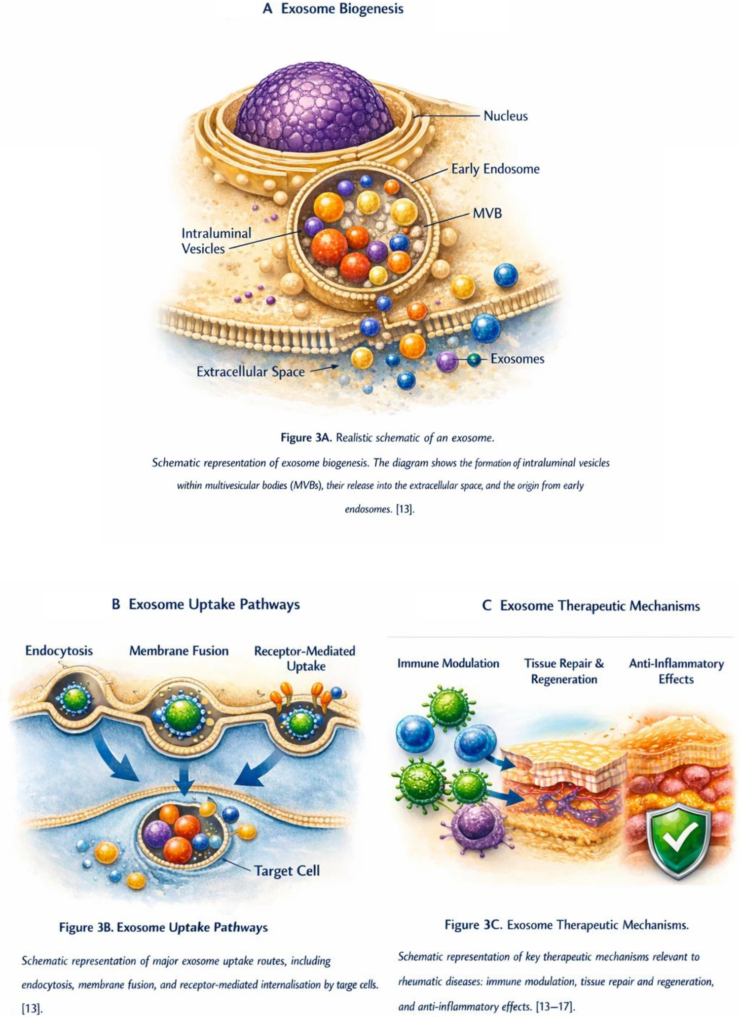 图3：（A）外泌体生物发生。细胞产生外泌体的示意图。（B）外泌体摄取途径。主要外泌体摄取途径的示意图，包括胞吞作用、膜融合和靶细胞受体介导的内吞作用。（C）外泌体治疗机制。与风湿性疾病相关的关键治疗机制的示意图：免疫调节、组织修复和再生以及抗炎作用。