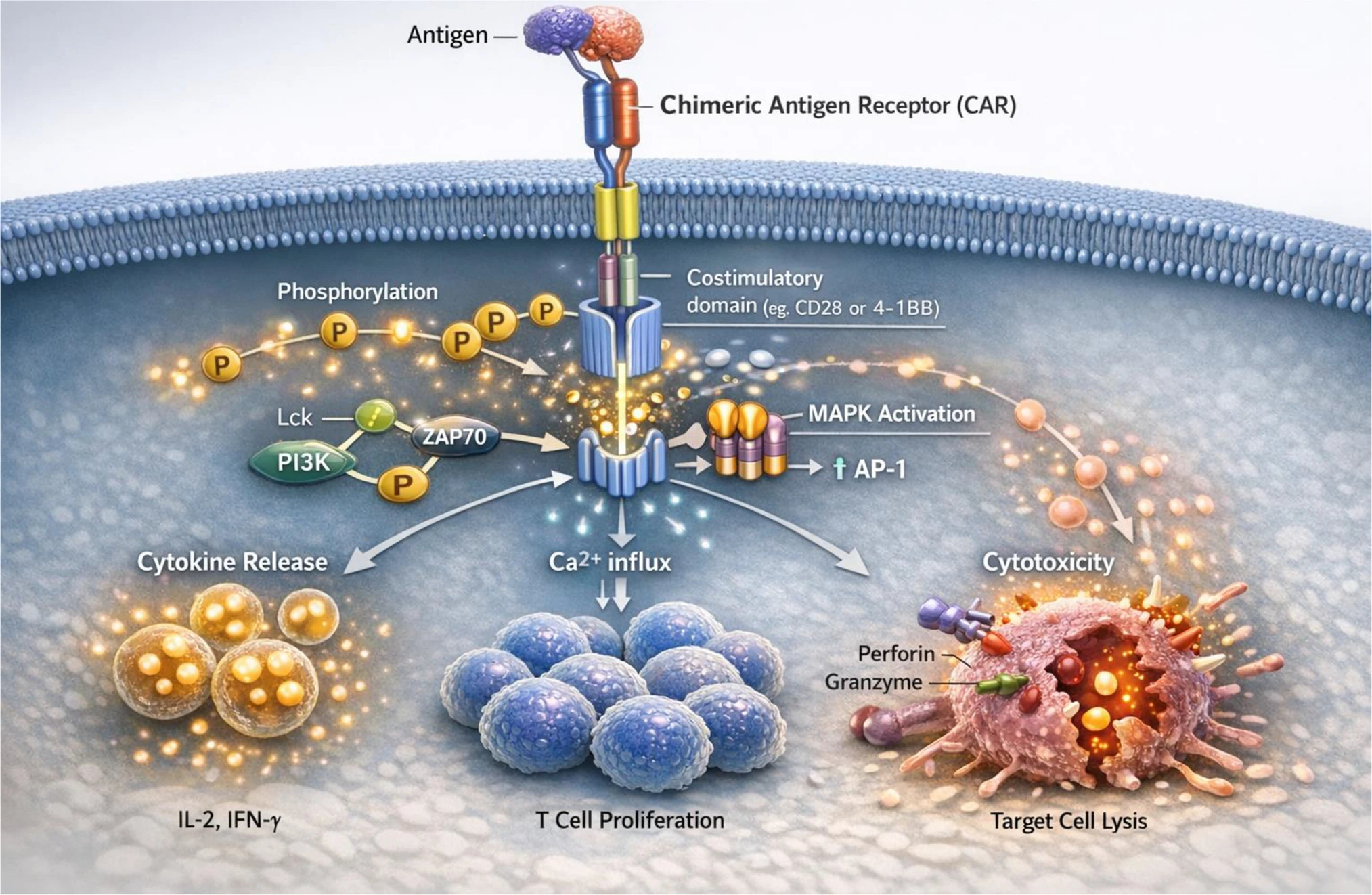 图1：（A）嵌合抗原受体（CAR）-T细胞治疗流程概述。该图展示了四个主要步骤：T细胞采集、基因工程改造以构建CAR-T细胞、扩增修饰后的细胞以及回输至患者体内。下半部分展示了靶向自身免疫细胞、破坏致病性免疫细胞以及由此产生的治疗反应。