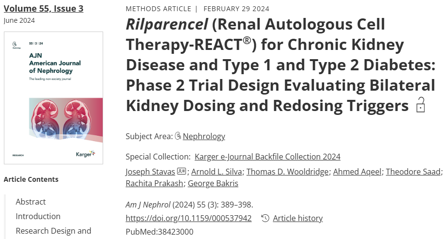 Rilparencel(肾脏自体细胞疗法-REACT®)用于治疗慢性肾脏病和1型及2型糖尿病:评估双侧肾脏给药和重复给药触发机制的II期试验设计 Rilparencel(肾脏自体细胞疗法-REACT®)用于治疗慢性肾脏病和1型及2型糖尿病:评估双侧肾脏给药和重复给药触发机制的II期试验设计