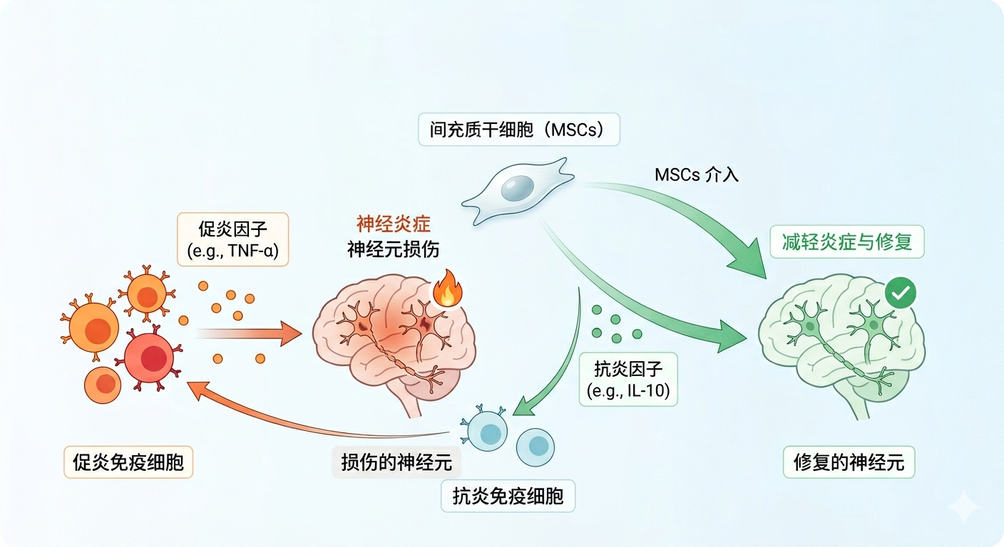 通过减轻神经炎症实现神经保护:间充质干细胞治疗中枢神经系统(CNS)疾病的机制与前景 通过减轻神经炎症实现神经保护:间充质干细胞治疗中枢神经系统(CNS)疾病的机制与前景