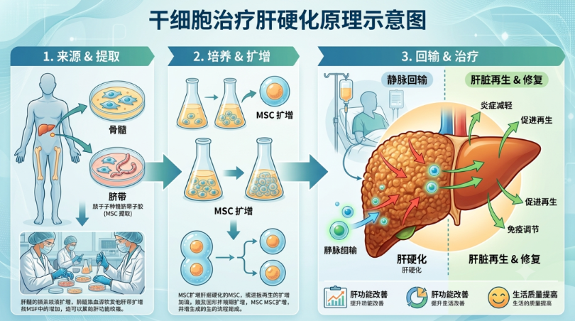 干细胞治疗肝硬化原理示意图 干细胞治疗肝硬化原理示意图